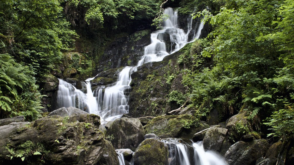 Torc Waterfall which stands at the base of Torc Mountain within the Killarney National Park. 