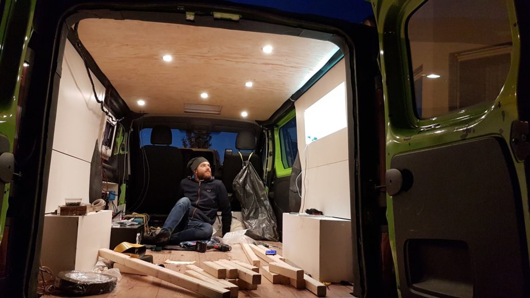 Johannes admires my interior. My conversion from van to camper van is coming along!