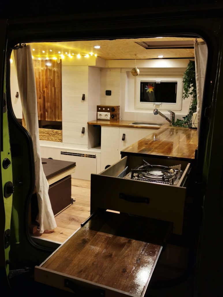 Kitchen set up in a van conversion project