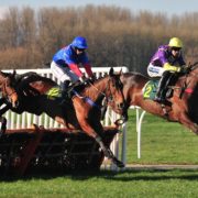 Horses jump over a hurdle