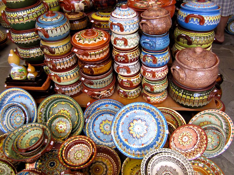 Decorated earthenware in a souvenir shop, Sozopol, Bulgaria