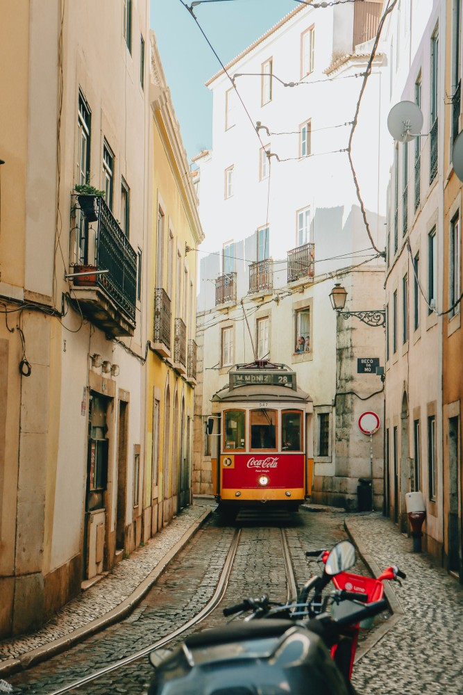 A streetcar meanders through Lisbon, Portugal